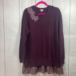Logo by Lori Goldstein Waffle Knit Sweater Tunic Purple Lace Chiffon Hem Cottage